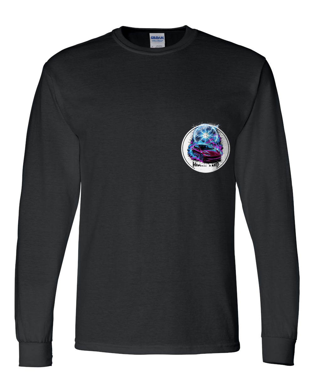 Tesla Model 3 Highland Long Sleeve T-Shirt — Black front emblem