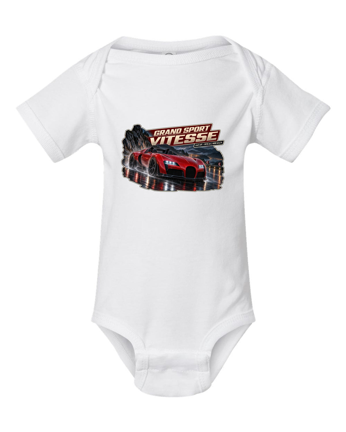 Night street poster of a Bugatti Veyron Grand Sport Vitesse with the roof off, print white baby onesie front view with the design