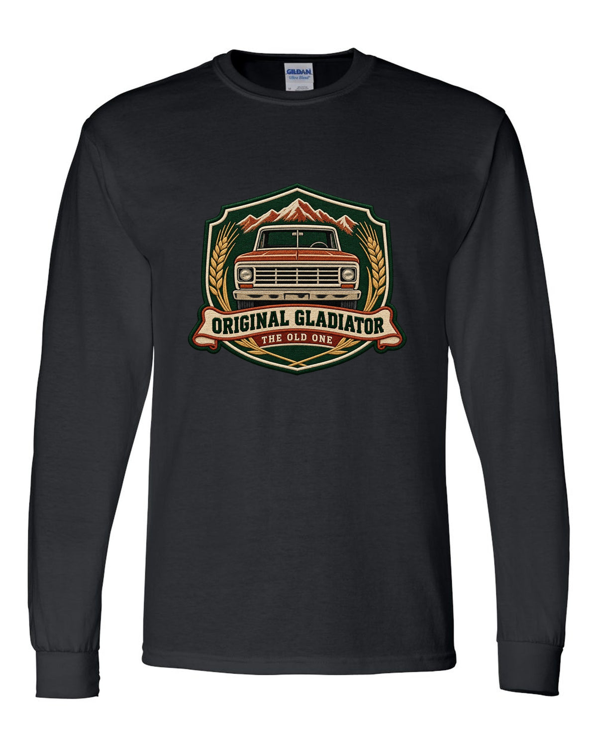 Embroidery-style shield crest print with Jeep Gladiator J-series pickup and the words The Old One black long sleeve front view with the design