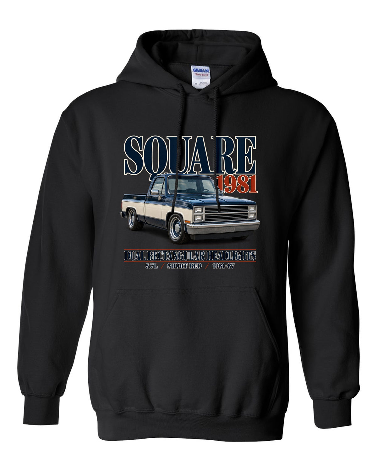 Editorial print of a 1981-87 Chevrolet C10 Squarebody in Silverado trim black pull over hoodie front view with the design
