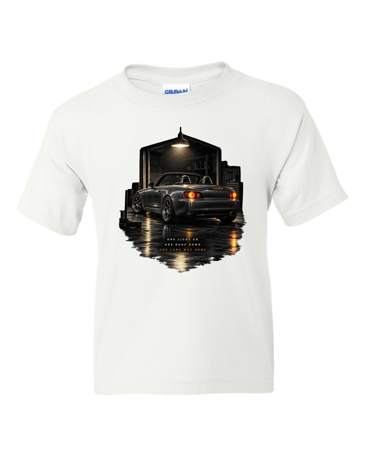 Honda S2000 AP1 roadster garage night design with roof down long way home text white kids tee front view with the design