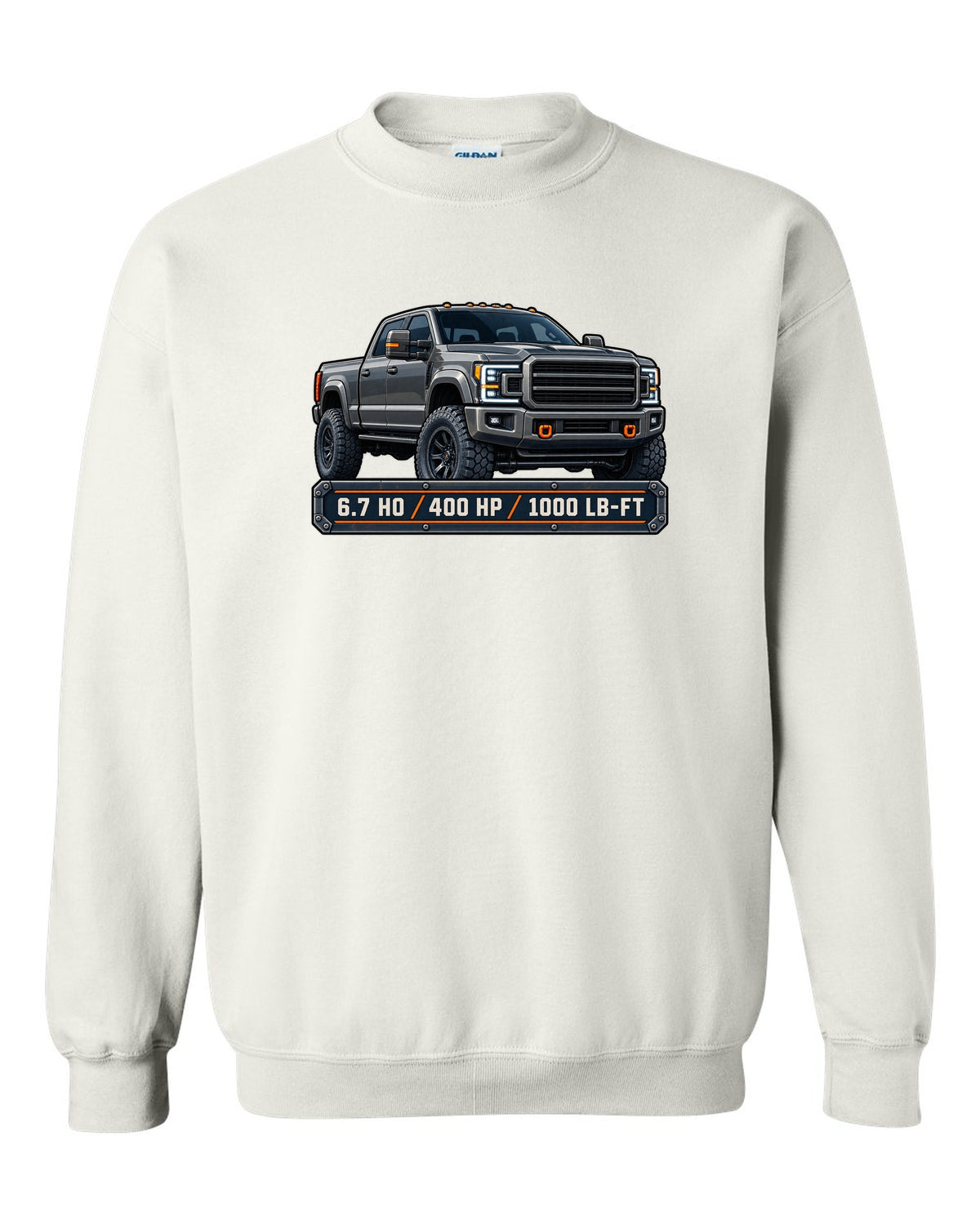 Spec-sheet data plate print for a 2019-2024 Ram HD 2500 crew cab with 6.7 HO 400 HP 1000 lb-ft text white crewneck front view with the design