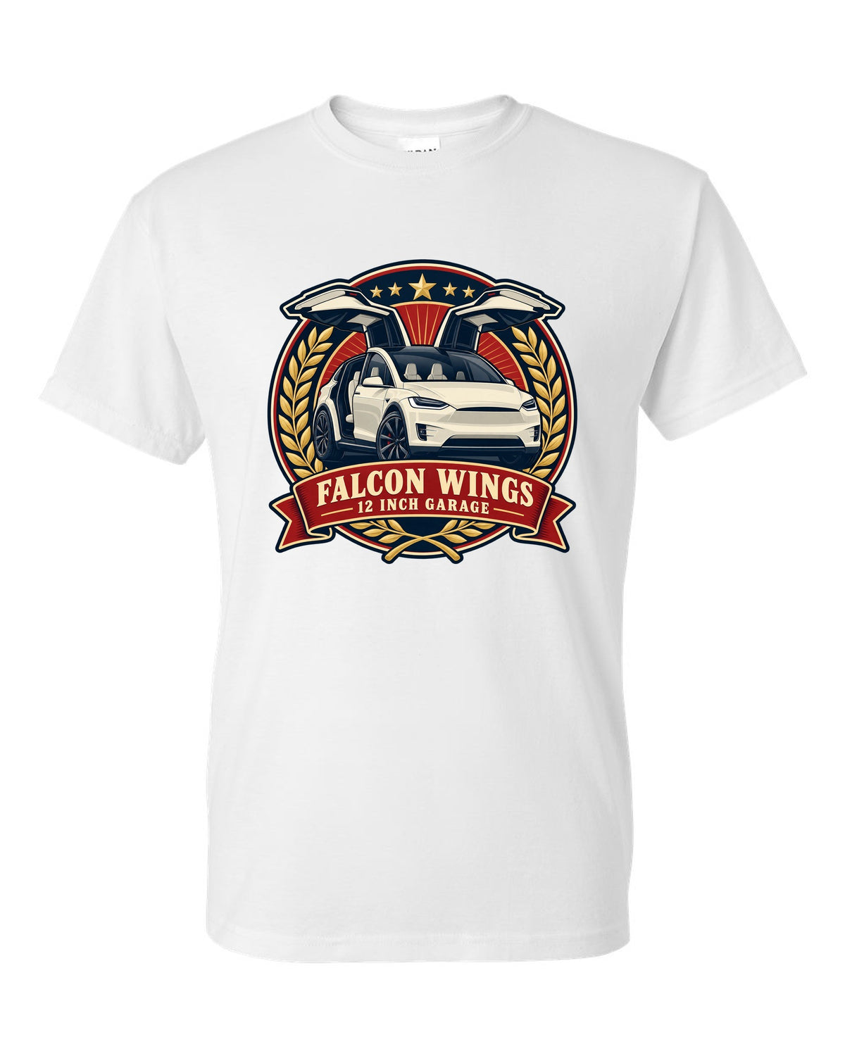 Vintage badge illustration print of a Tesla Model X with falcon wing doors reading Falcon Wings 12 Inch Garage white t-shirt front view with the design