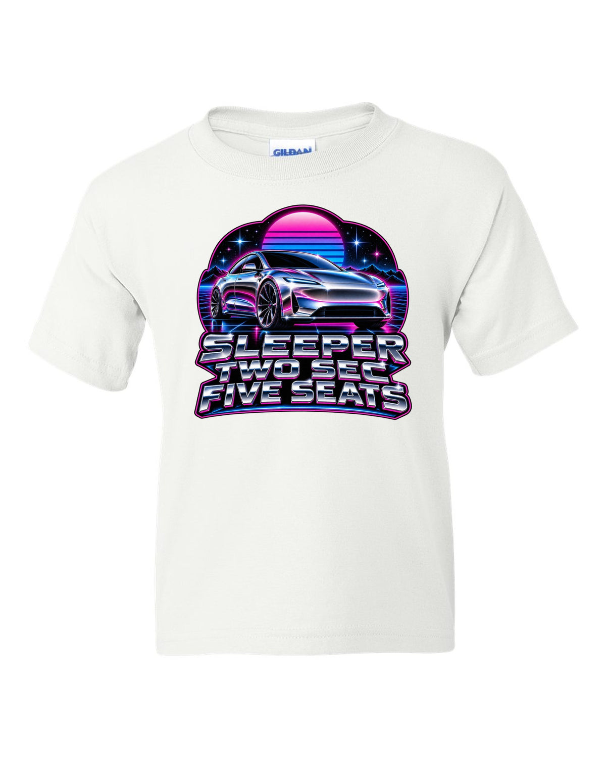 80s chrome airbrush art of a 2021 Tesla Model S Plaid with the words Sleeper Two Sec Five Seats white kids tee front view with the design
