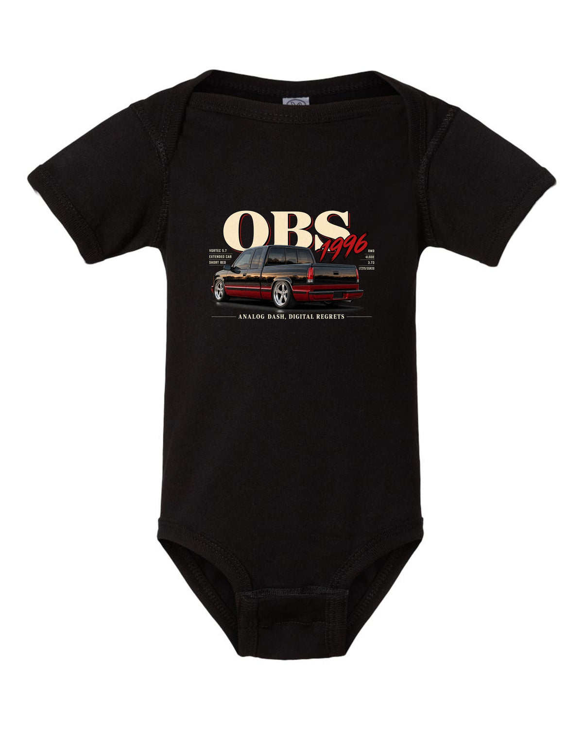 1996 OBS Chevy C1500 extended cab editorial headline print black baby onesie front view with the design