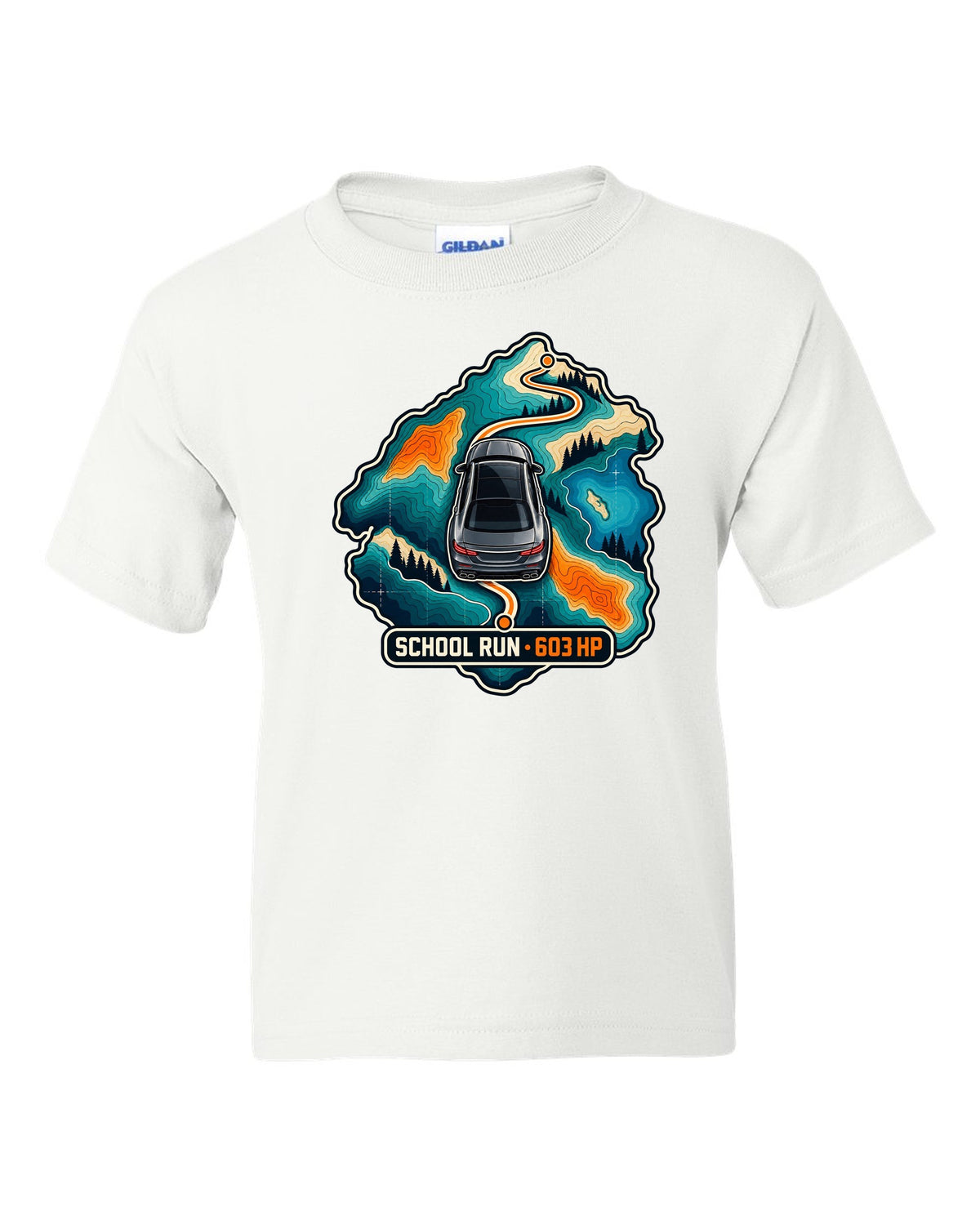 Topographic route map graphic reading School Run 603 HP for a Mercedes E63 W213, print white kids tee front view with the design