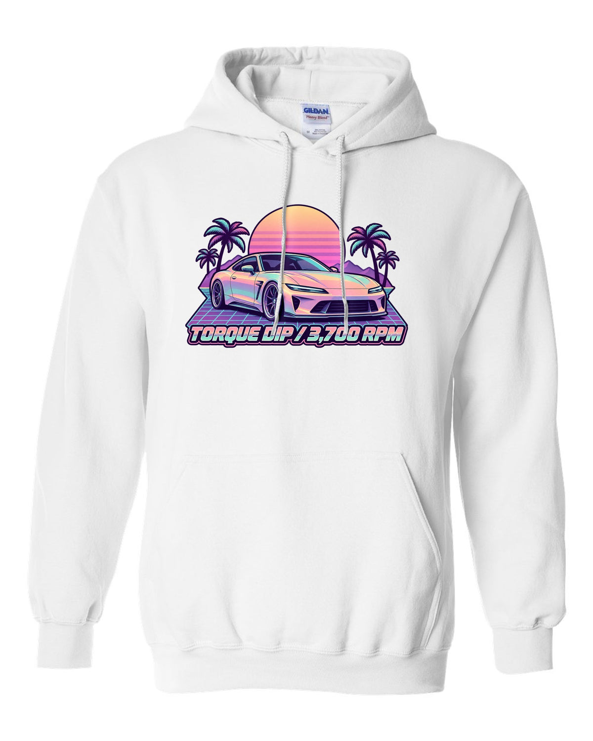 Pastel vaporwave illustration of a Toyota 86 ZN6 with Torque Dip 3,700 RPM lettering white pull over hoodie front view with the design