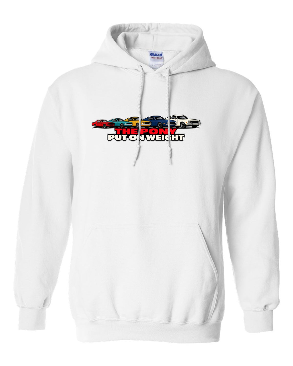 Generation evolution lineup print of five first-generation Ford Mustangs 1965-73 white pull over hoodie front view with the design