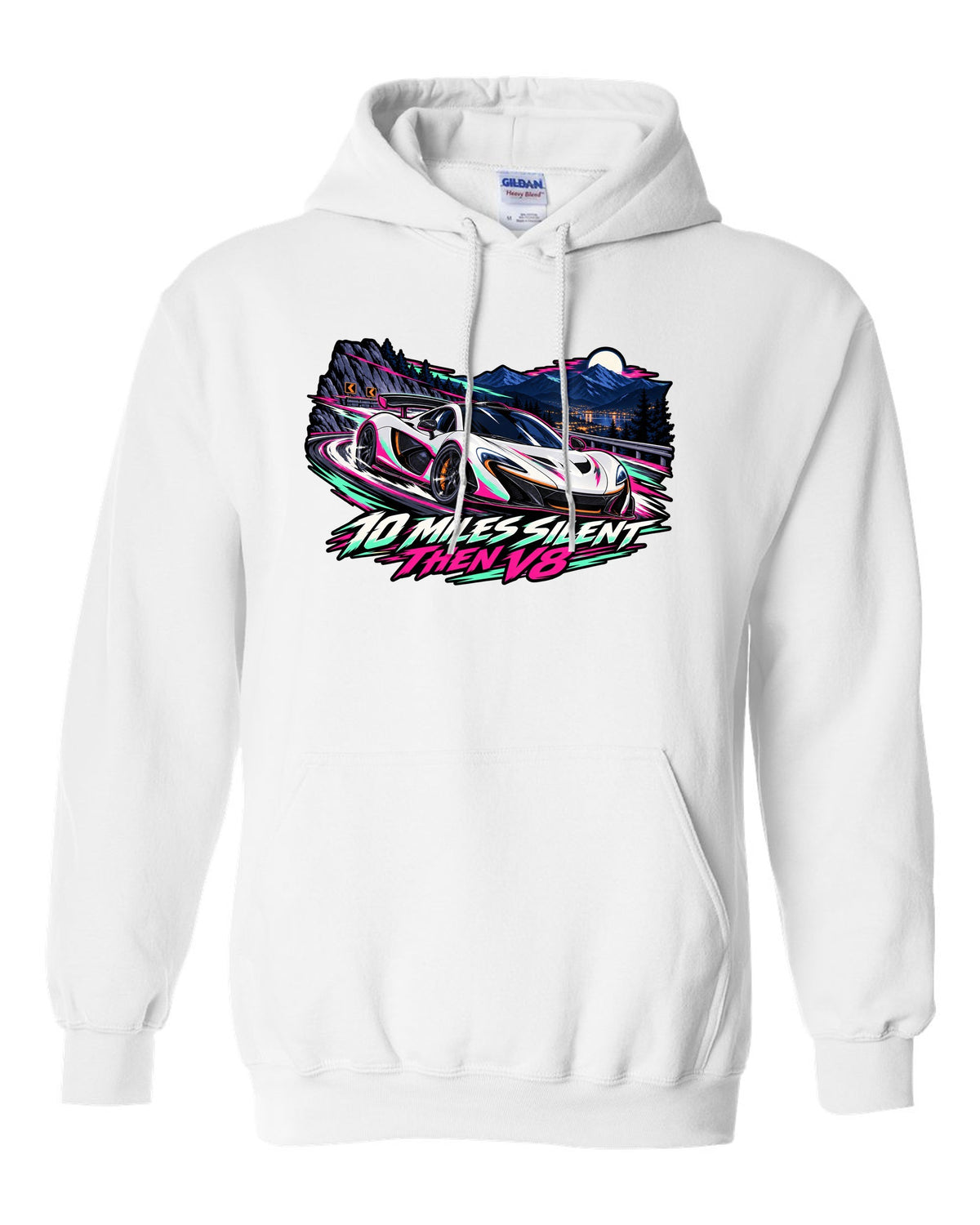 Cel-shaded anime night touge print of a McLaren P1 with 10 Miles Silent Then V8 lettering white pull over hoodie front view with the design