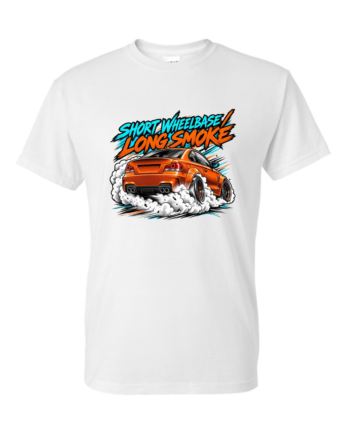 Retro manga halftone panel print of a BMW 1 Series M Coupe E82 burnout white t-shirt front view with the design