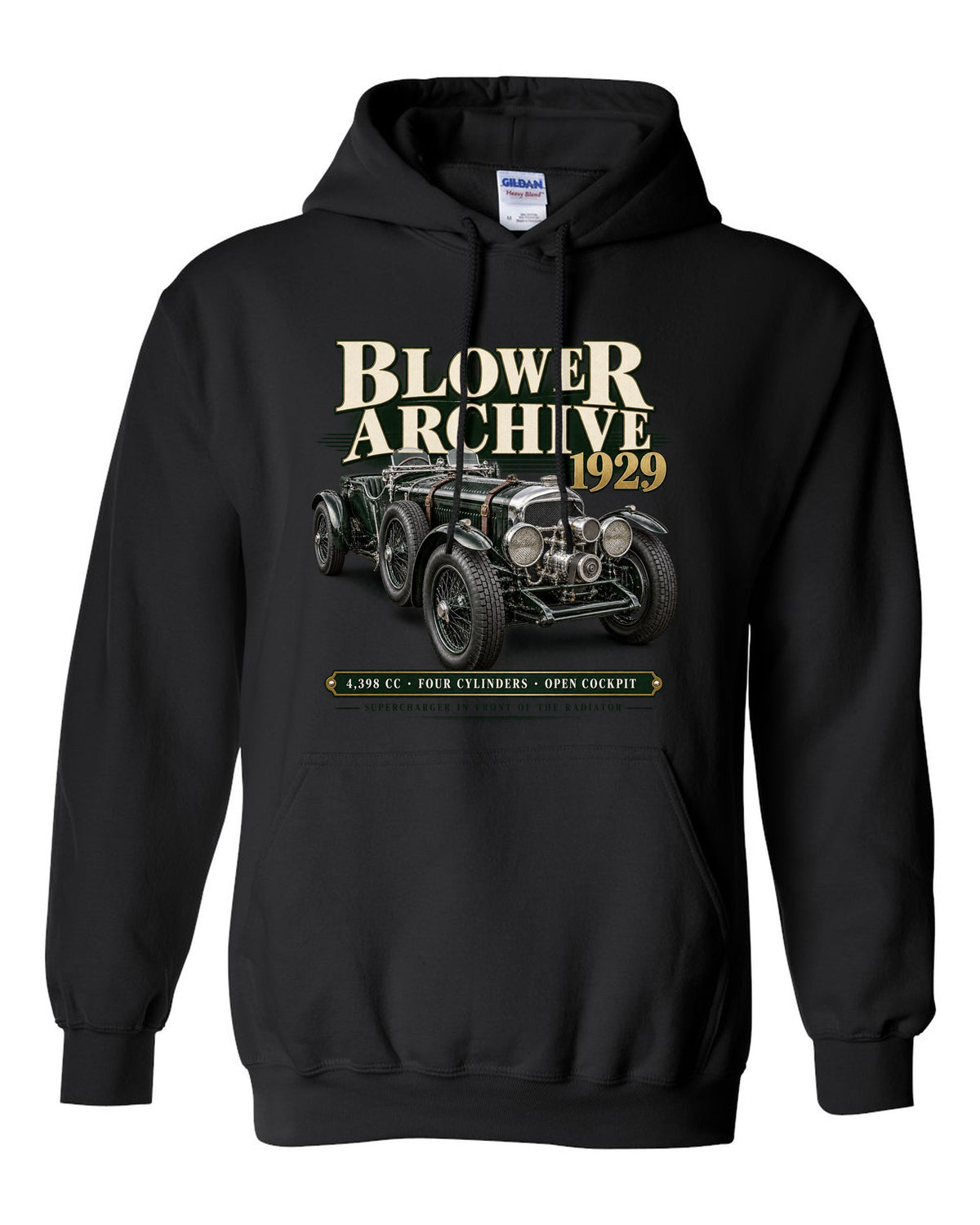 Bentley Blower 1929 archive panel with supercharger detail black pull over hoodie front view with the design