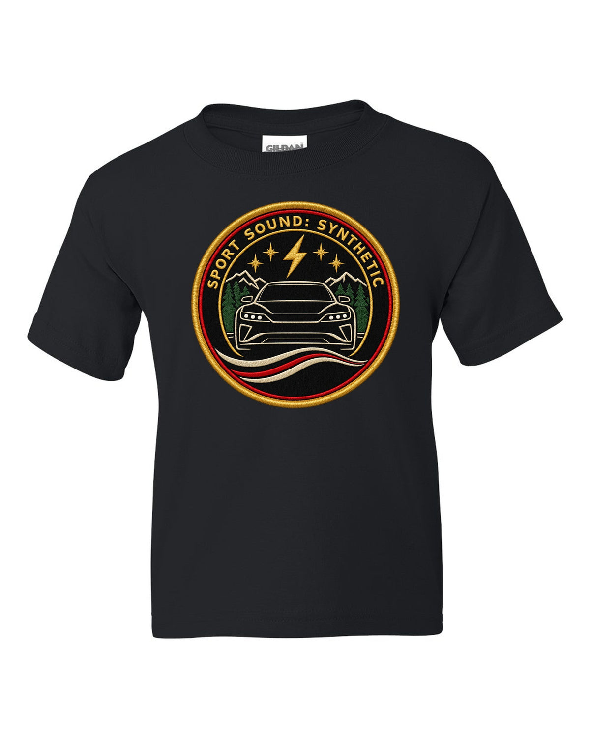 Porsche Taycan Turbo S 9J1 round embroidery-style crest print with the text sport sound synthetic black kids tee front view with the design