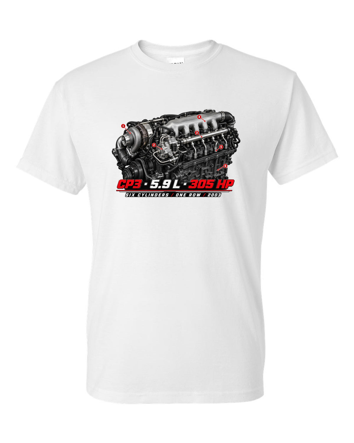 Engine hero print of a 5.9 L inline-six common rail turbo diesel with CP3, 5.9 L, 305 HP white t-shirt front view with the design
