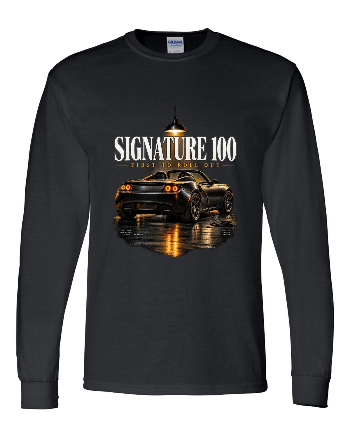 Tesla Roadster Gen 1 Signature 2008 in a night garage with the text Signature 100 first to roll out black long sleeve front view with the design