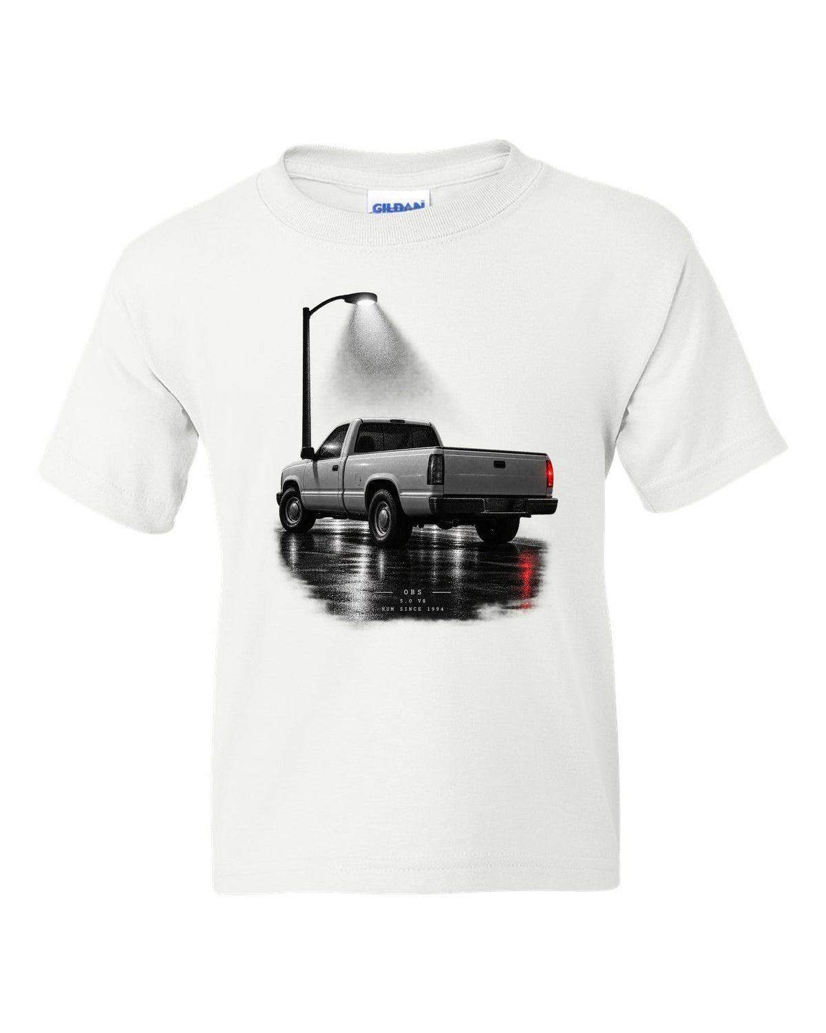 Night garage print of a 1992-97 Ford F-150 OBS truck with 5.0 V8 lettering white kids tee front view with the design