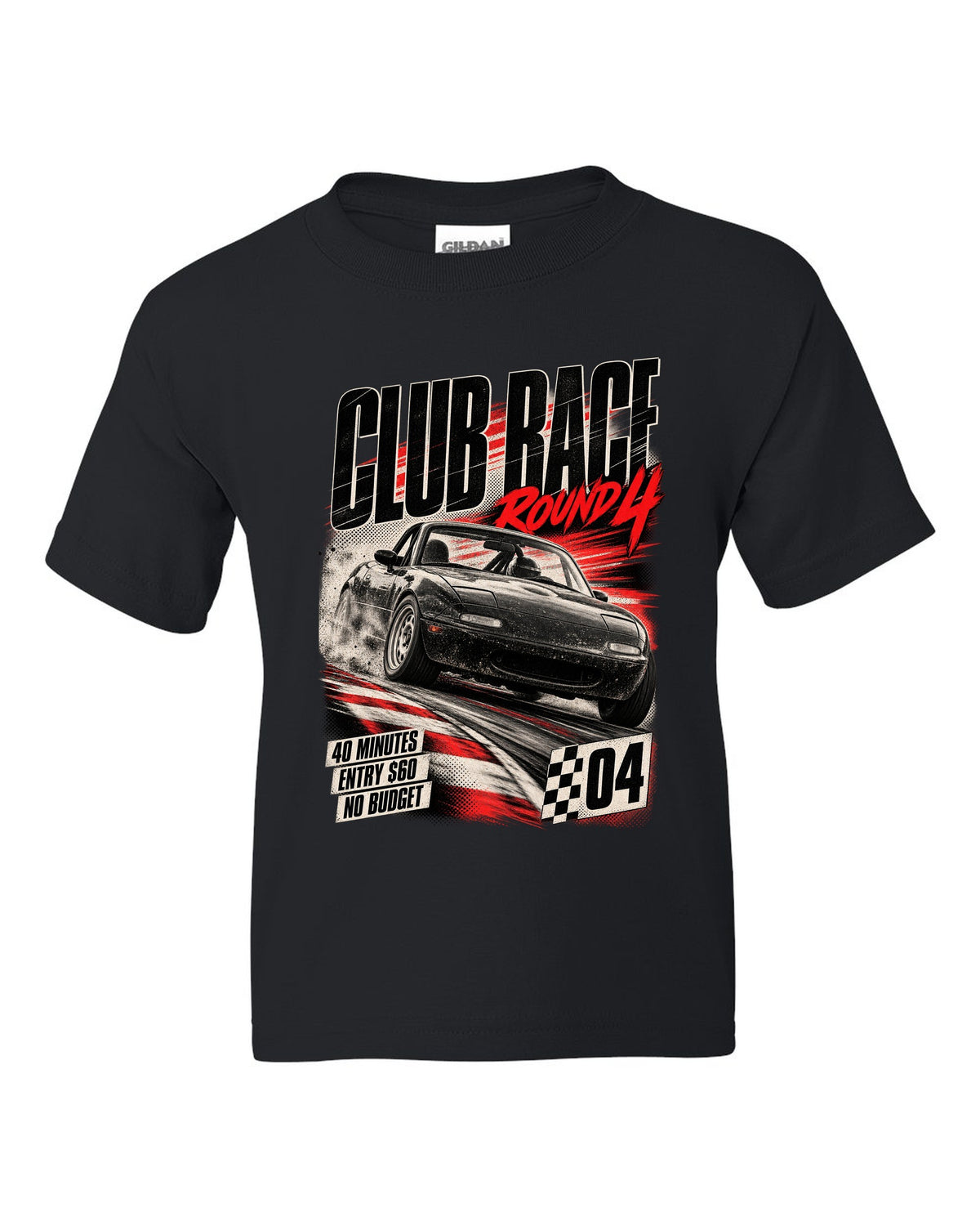 Race poster print for the Mazda MX-5 NA 1989-97 reading club race round 4, 40 minutes, entry $60 black kids tee front view with the design