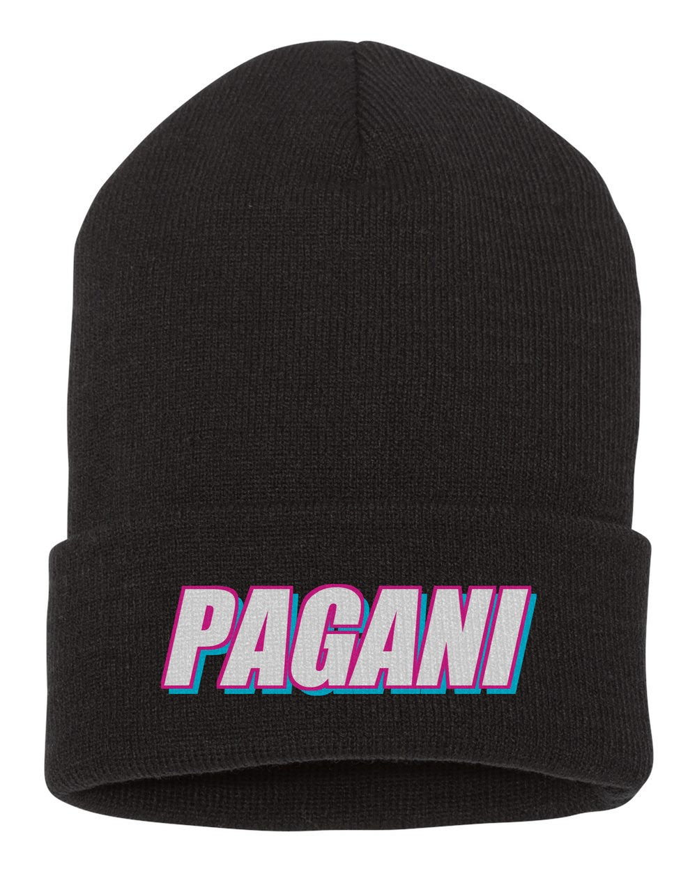Pagani black beanie front view with car name