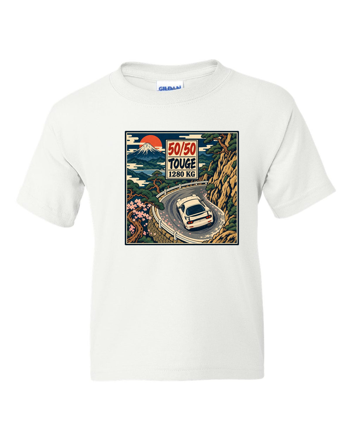 Lo-fi anime harbour dusk scene with a Mazda RX-7 FD3S and SA22C and HIROSHIMA lettering white kids tee front view with the design