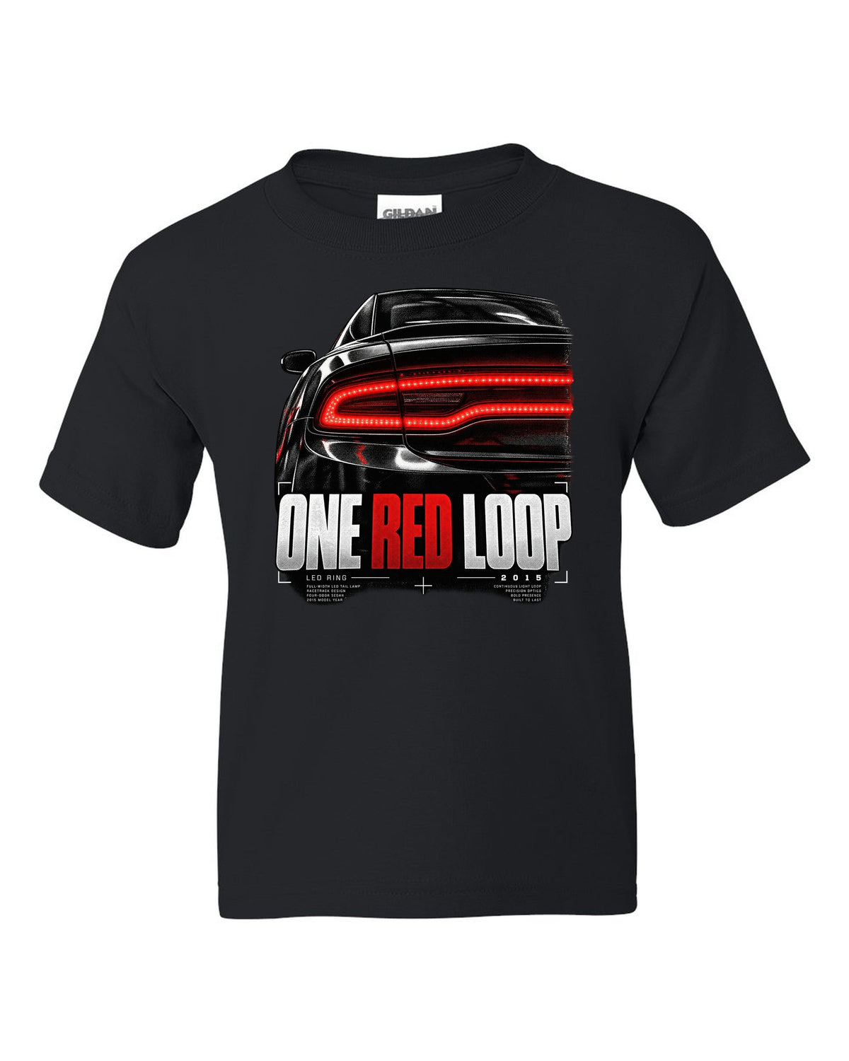 Macro print of a 2015 Dodge Charger LX/LD red LED ring taillight black kids tee front view with the design