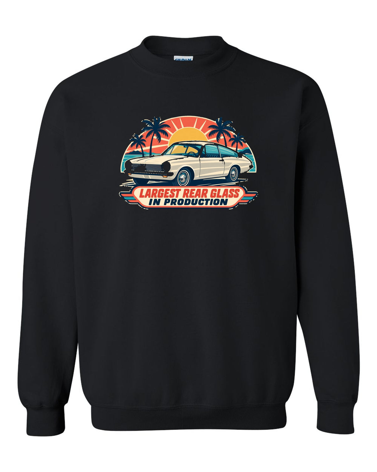 Mid-century travel poster print of a 1965 Plymouth Barracuda fastback black crewneck front view with the design