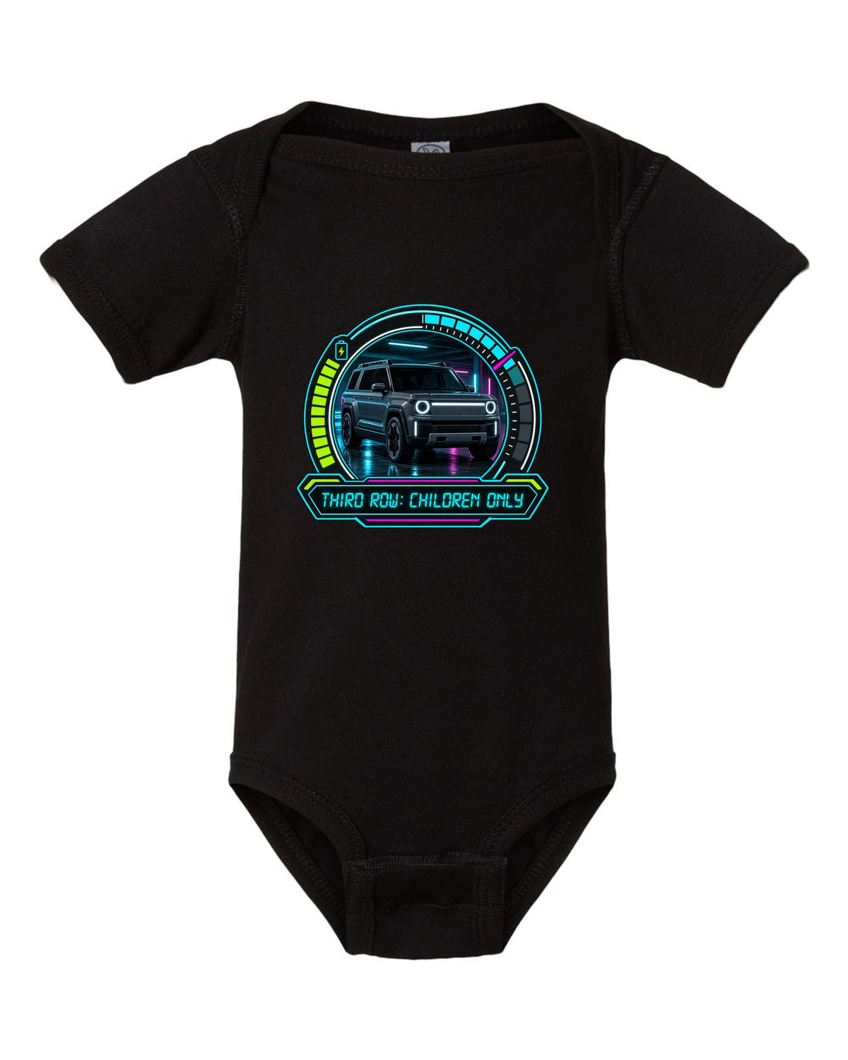Rivian R1S dashboard gauge cluster HUD print with the text third row children only black baby onesie front view with the design