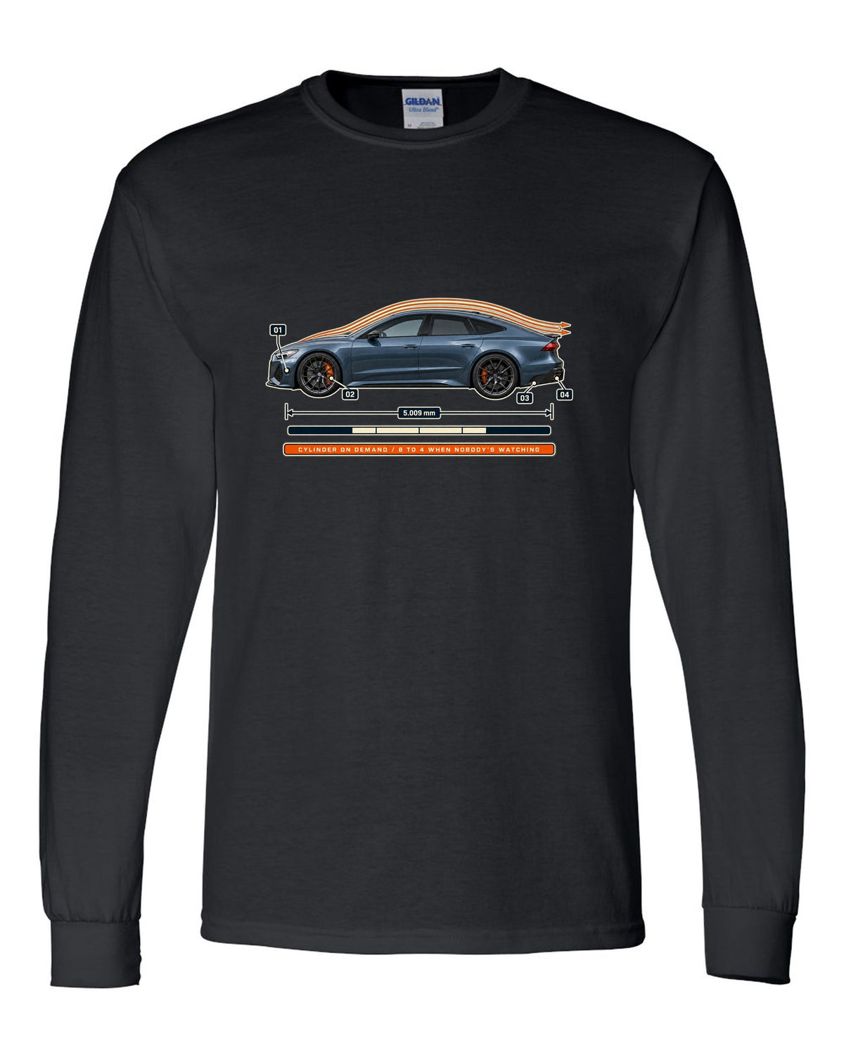 Aero callout print of an Audi RS7 Sportback C8 with cylinder on demand caption black long sleeve front view with the design
