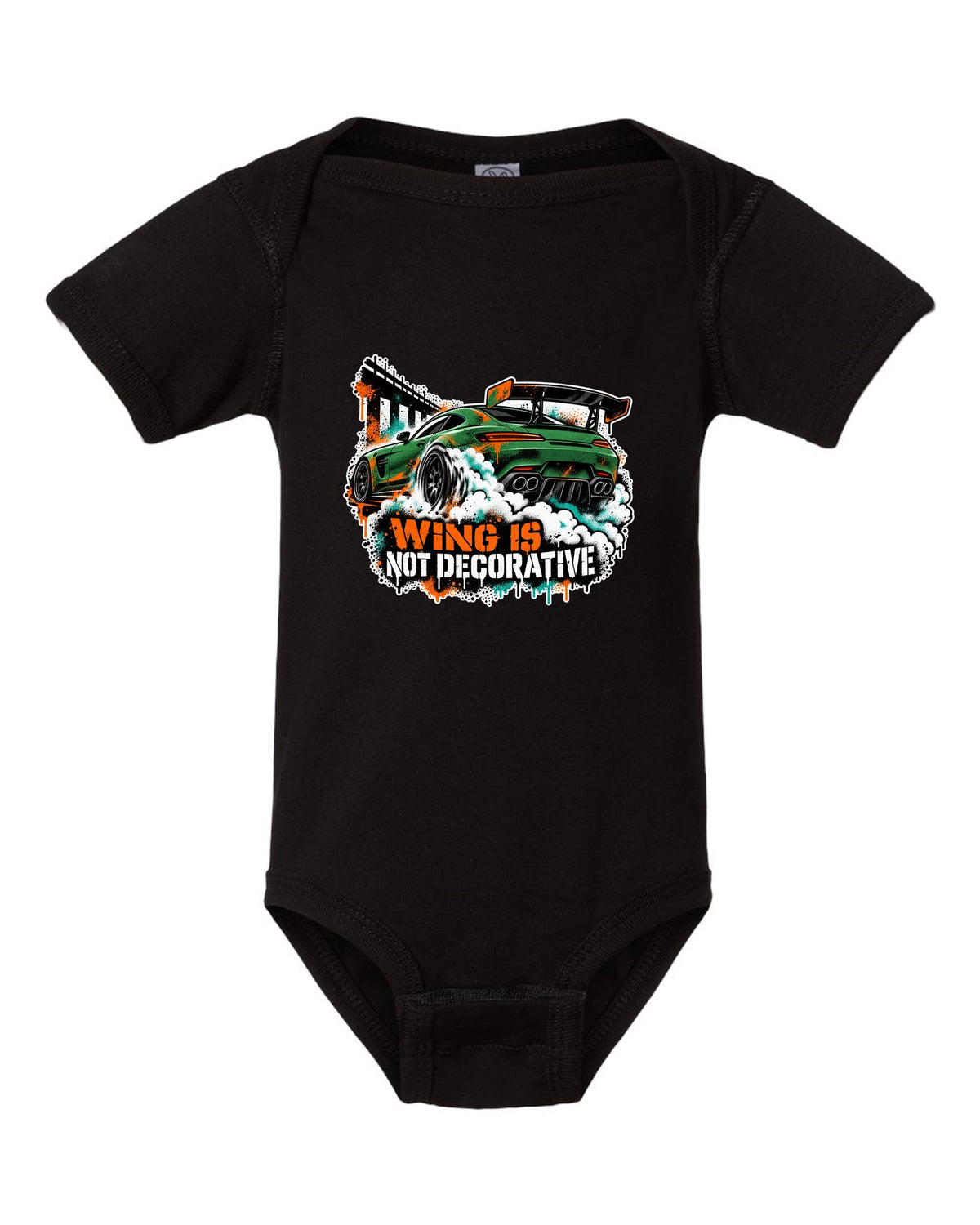 Risograph spot colour illustration of a Mercedes AMG GT R C190 in a garage with Track Day Monday Bill text black baby onesie front view with the design