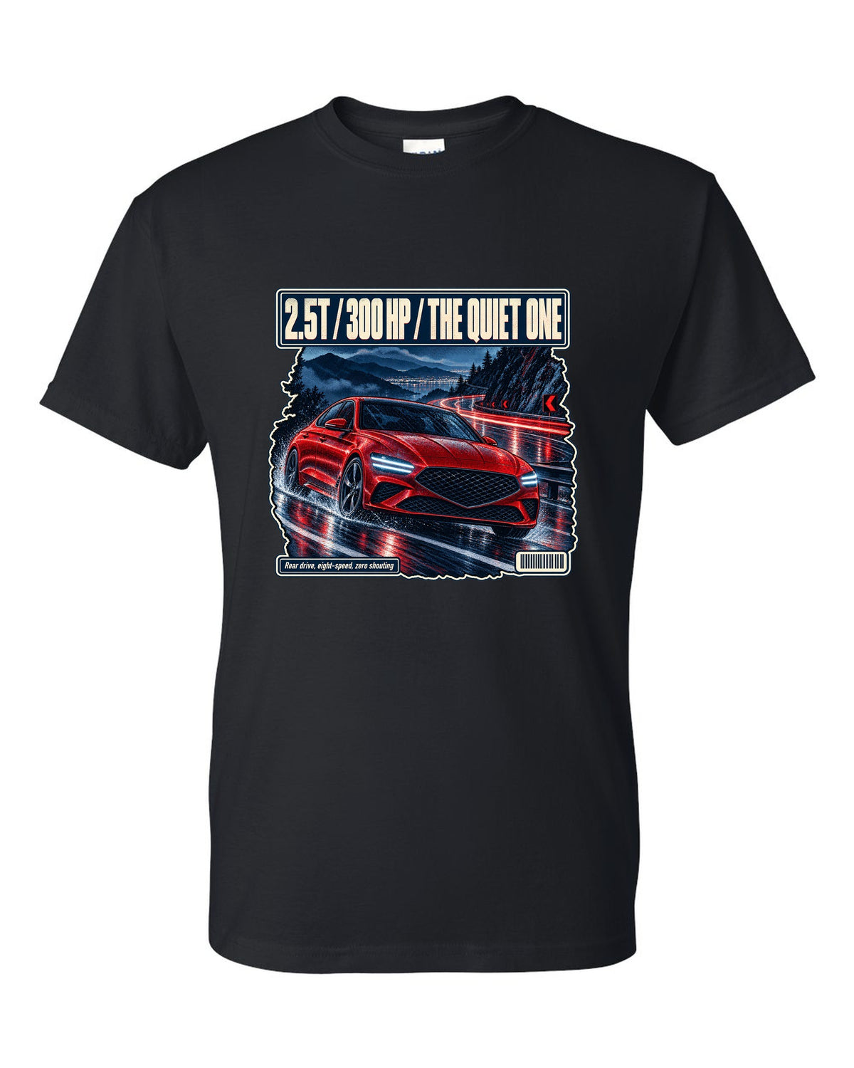 Night touge print of the Genesis G70 with 2.5T 300 HP lettering black t-shirt front view with the design