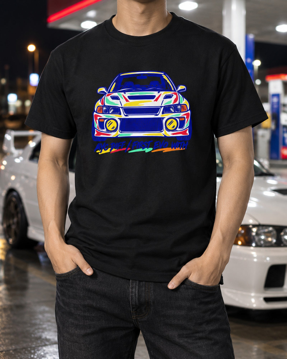 Mitsubishi Lancer Evolution IV CN9A Napkin Doodle Shirt T-Shirt Black worn hero