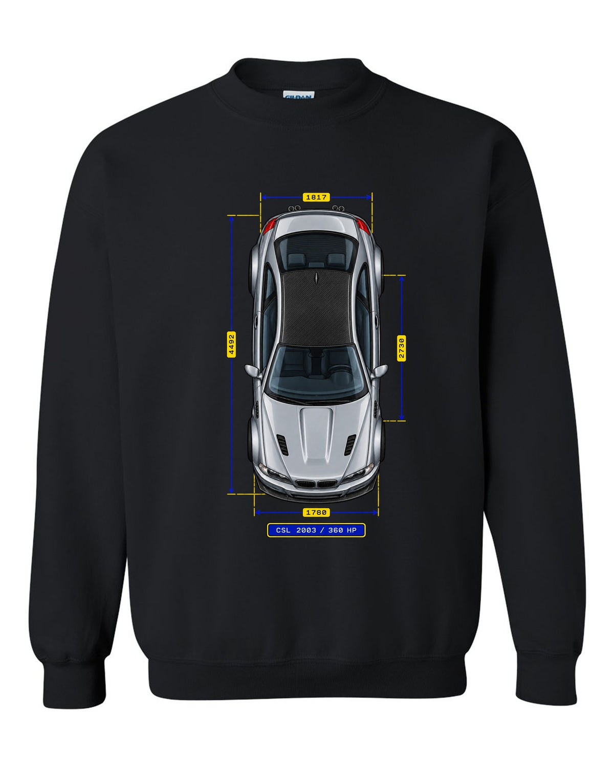 Spec-sheet data plate schematic of a BMW E46 M3 CSL 2003 with carbon roof and 360 HP black crewneck front view with the design