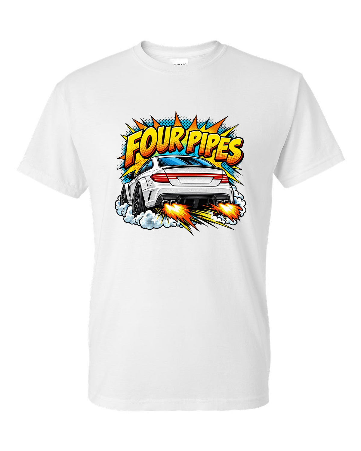 Comic halftone pop-art of the exhaust end of a Mercedes C63 Coupe C204 white t-shirt front view with the design