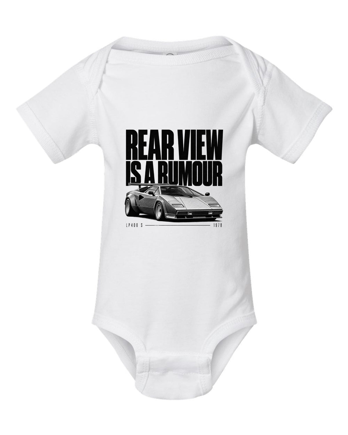 Halftone print of a Lamborghini Countach LP400 S with rear wing and rear view is a rumour text white baby onesie front view with the design