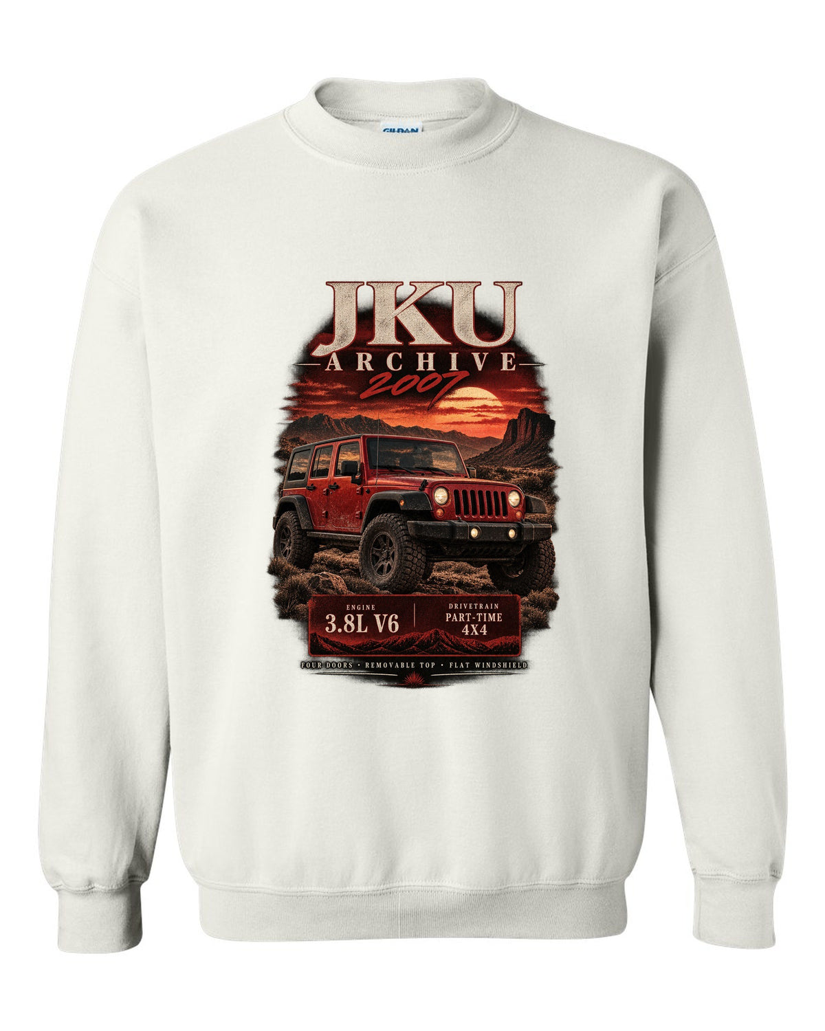 Archive panel print for the 2007 Jeep Wrangler JKU, 3.8L V6 four-door white crewneck front view with the design