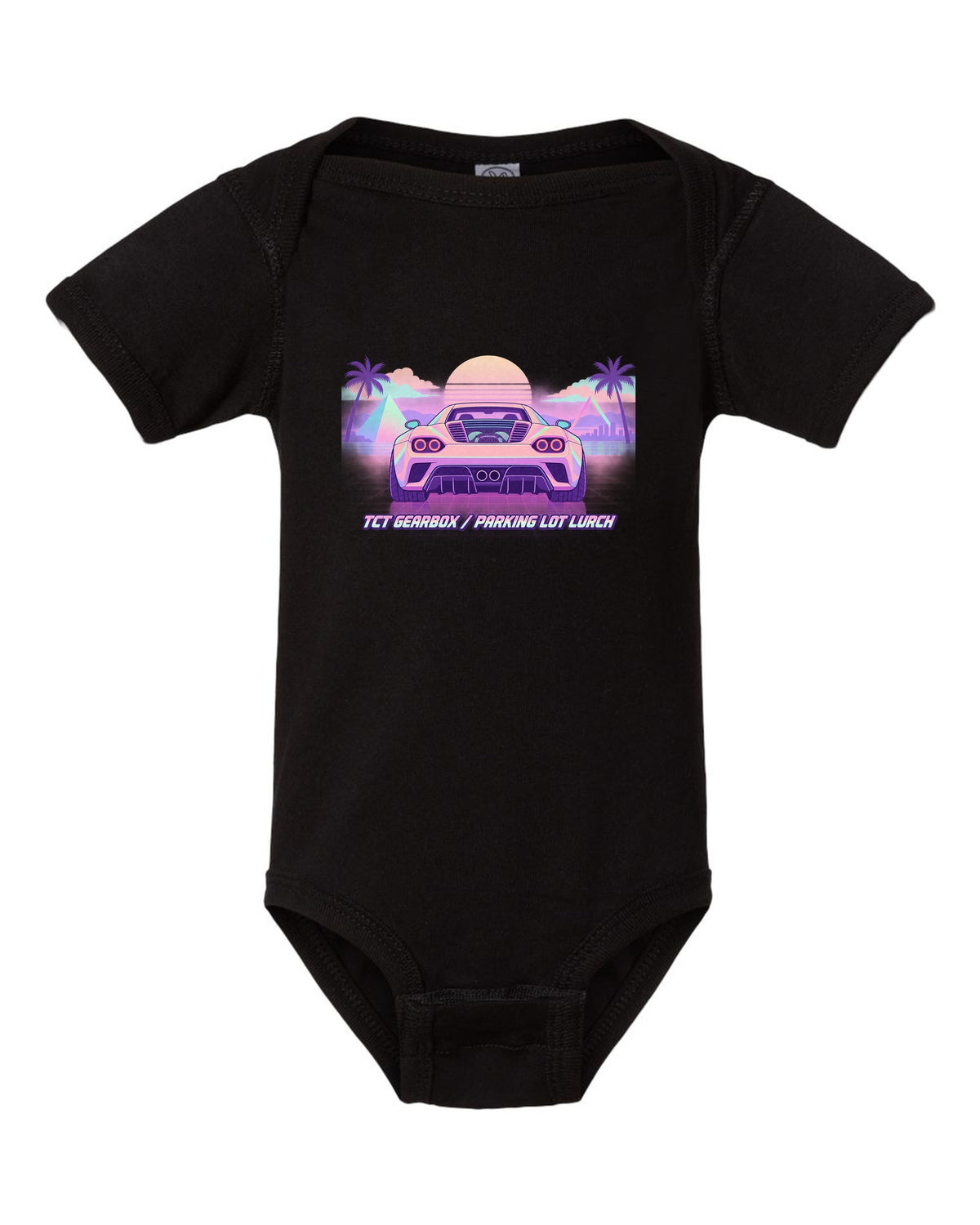 Vaporwave pastel illustration of an Alfa Romeo 4C with TCT gearbox parking lot lurch text black baby onesie front view with the design