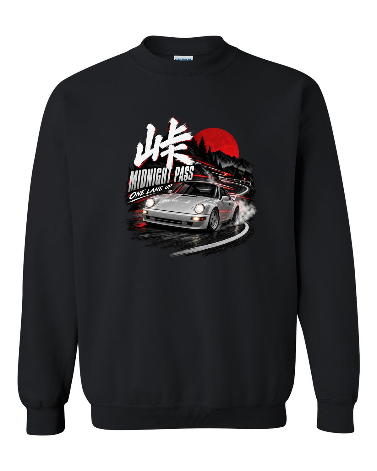 Touge night print of an outlaw-style Porsche 911 Carrera 4 964 on a mountain pass black crewneck front view with the design