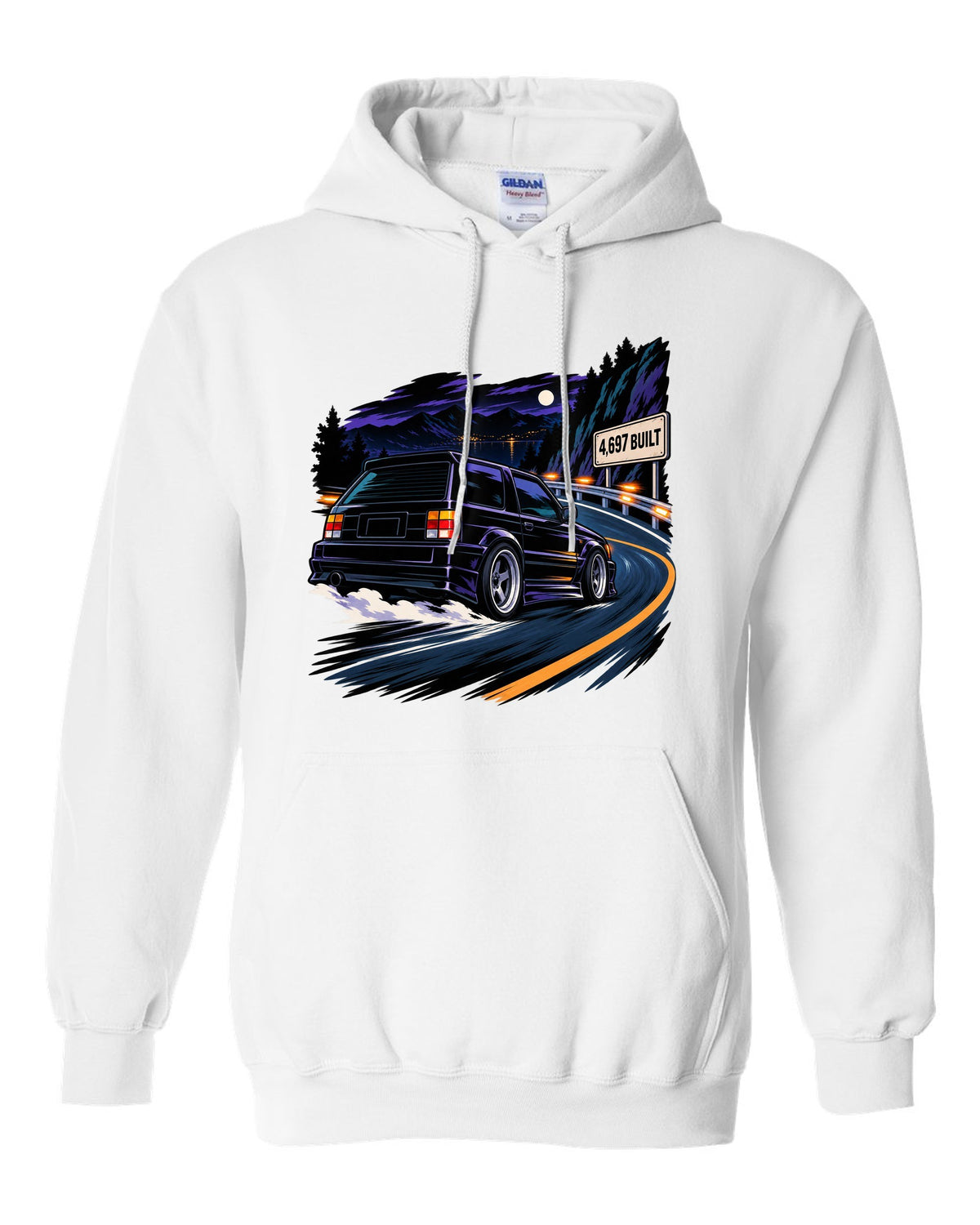 Cel-shaded 90s anime night touge scene with a 1992-93 GMC Typhoon and 4,697 BUILT text white pull over hoodie front view with the design