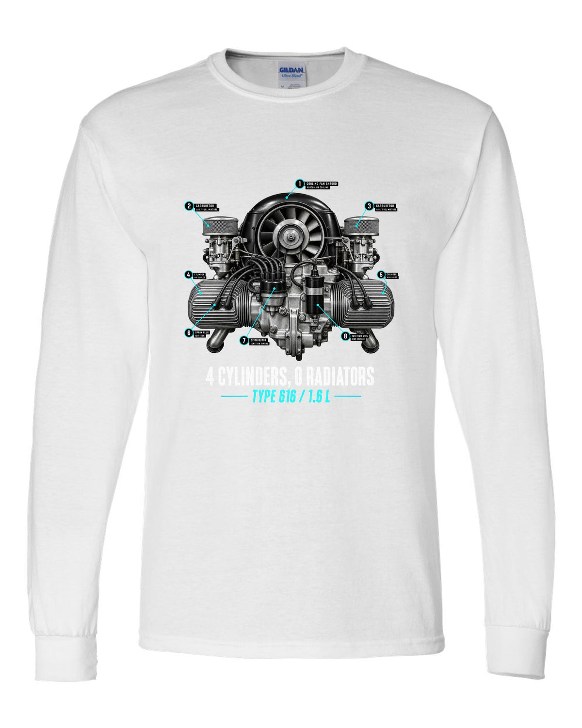 Engine hero print of the Porsche 356 Type 616 1.6 L flat-four with the caption 4 cylinders 0 radiators white long sleeve front view with the design