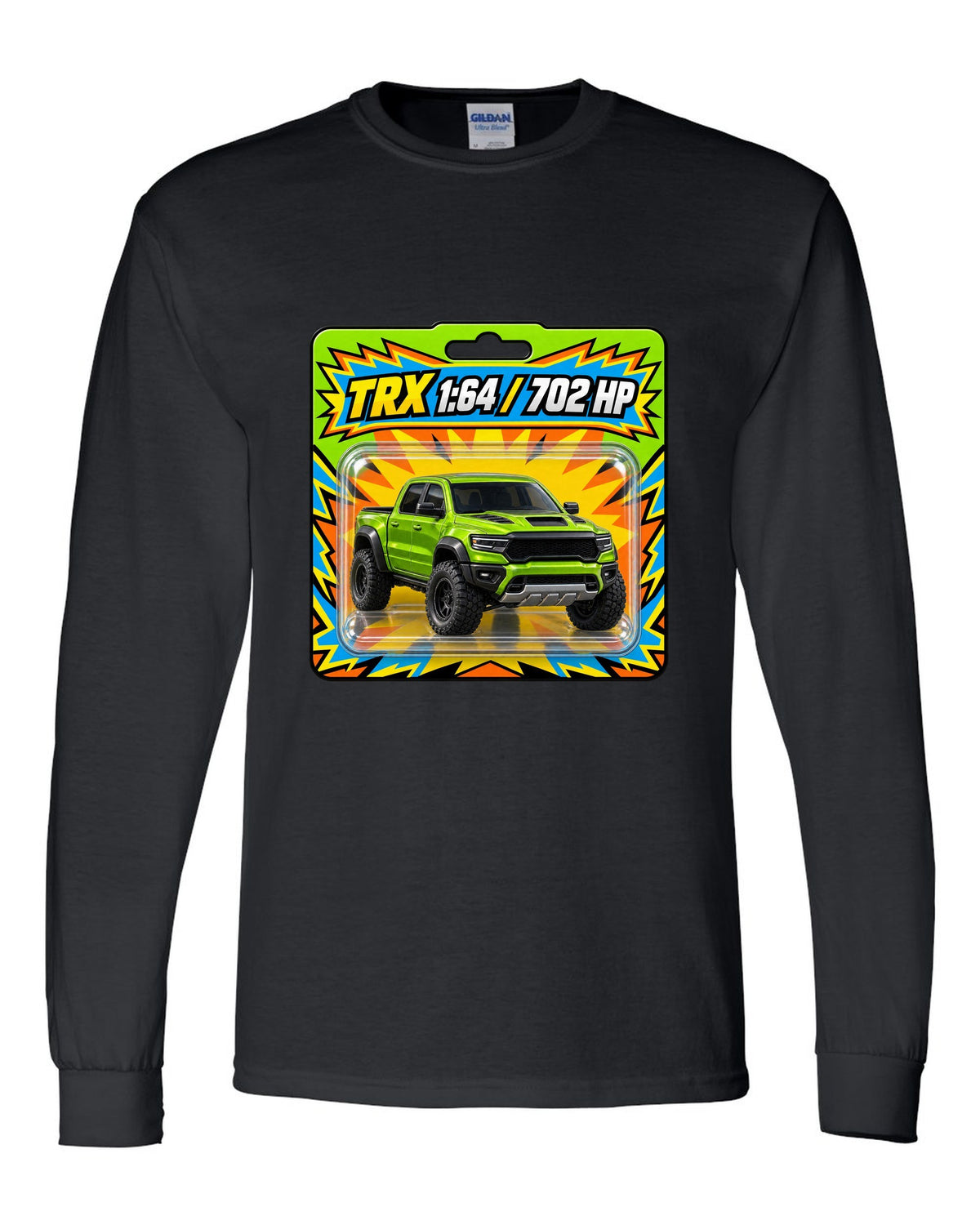 print of a 1:64 toy blister card featuring the Ram 1500 TRX with 702 HP black long sleeve front view with the design