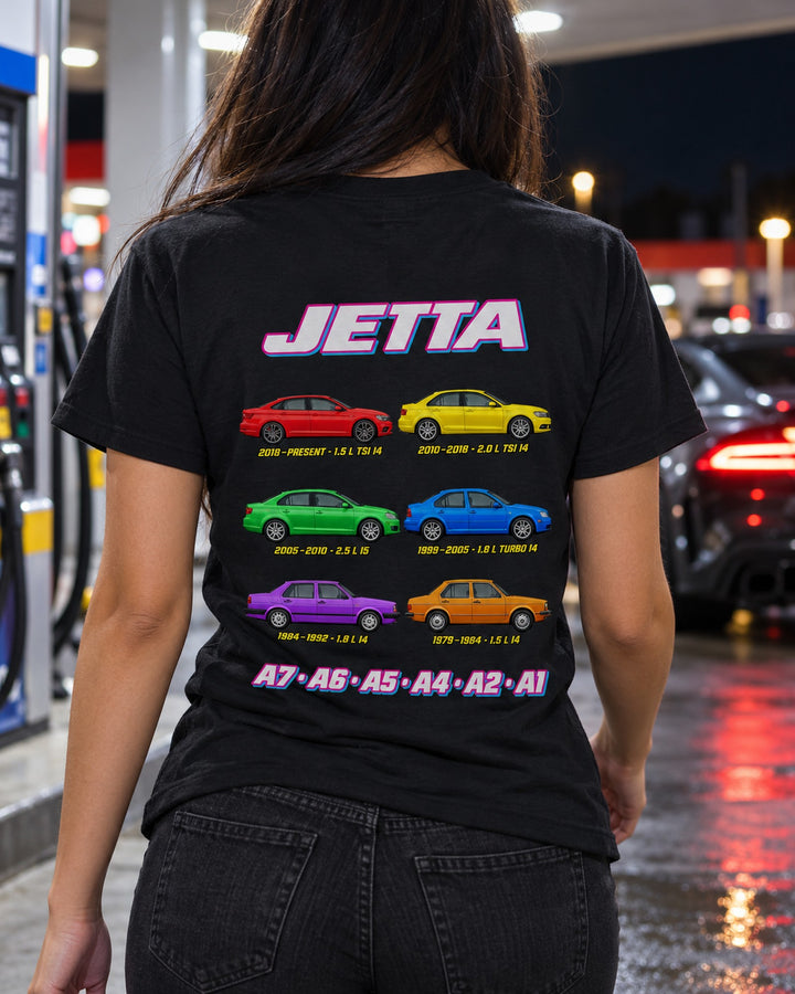 VW Jetta Evolution Poster Full-Back Graphic Tee T-Shirt Black worn hero