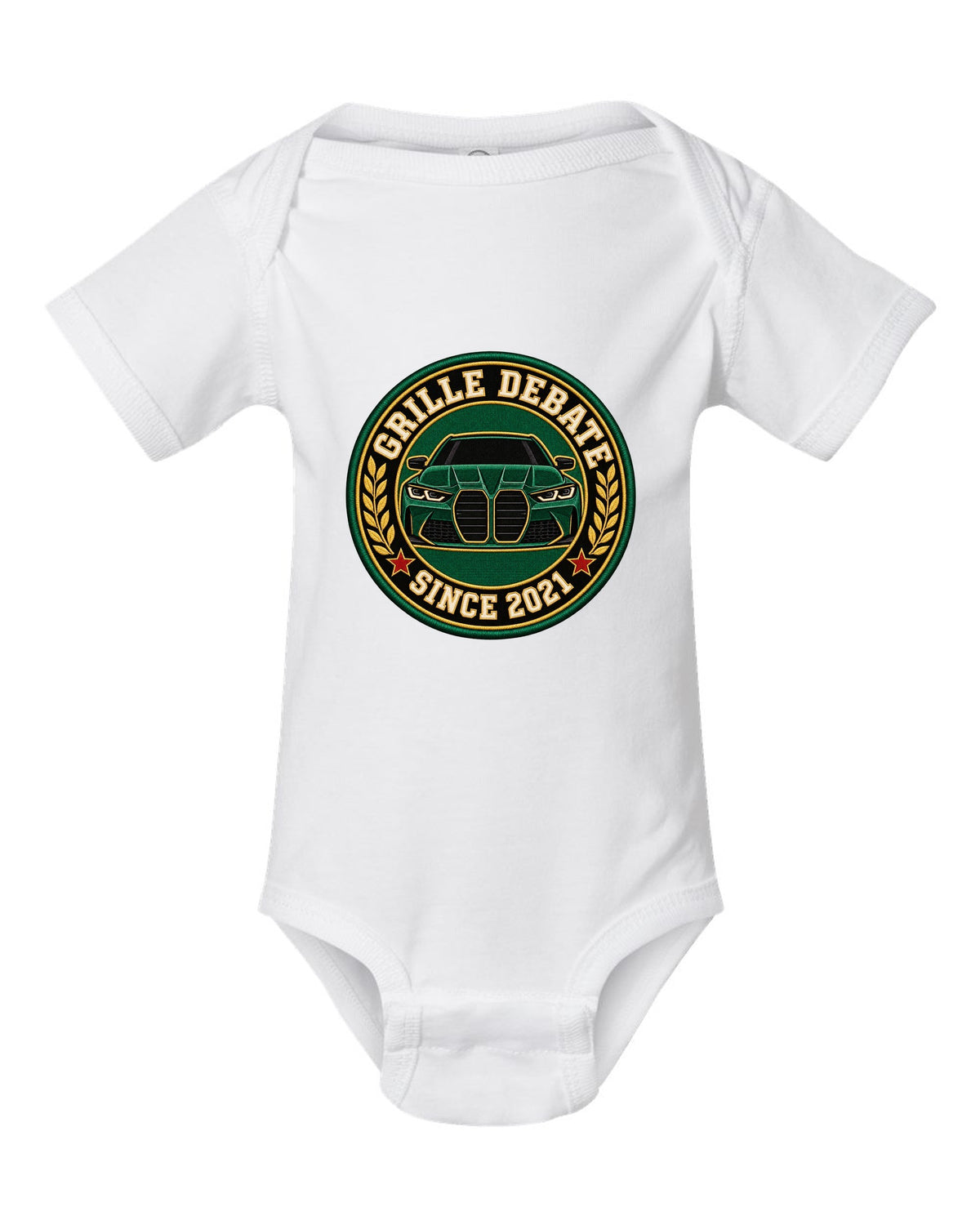 BMW G80 M3 varsity crest print with grille debate since 2021 text white baby onesie front view with the design