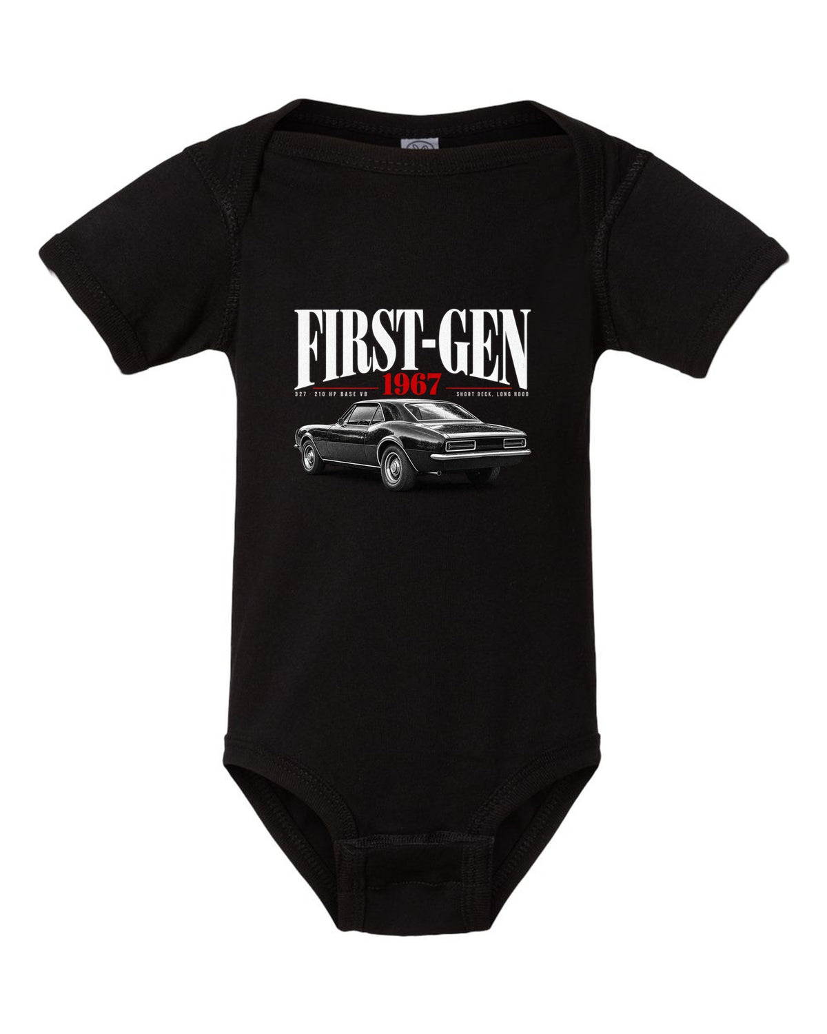 Editorial-style print of a 1967 Chevrolet Camaro RS with first-gen and 327 V8 caption black baby onesie front view with the design