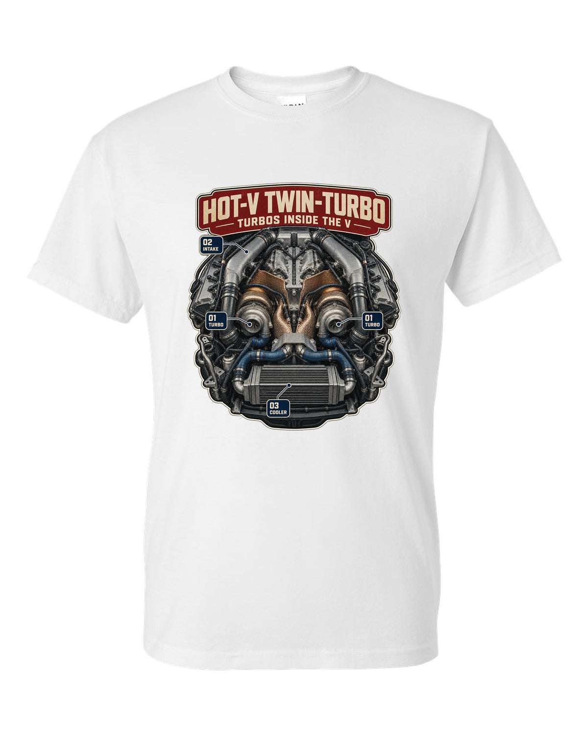 Engine poster of the Audi RS6 Avant C8 twin-turbo V8 with turbos inside the V white t-shirt front view with the design