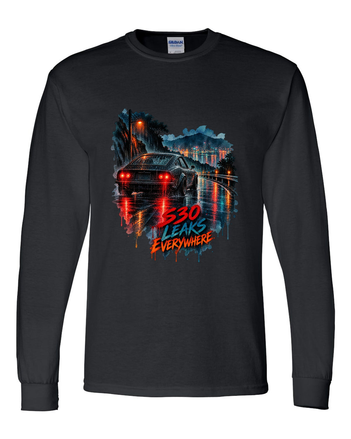 Watercolour wet-road night print of a Nissan Fairlady Z S30 with leaks everywhere lettering black long sleeve front view with the design