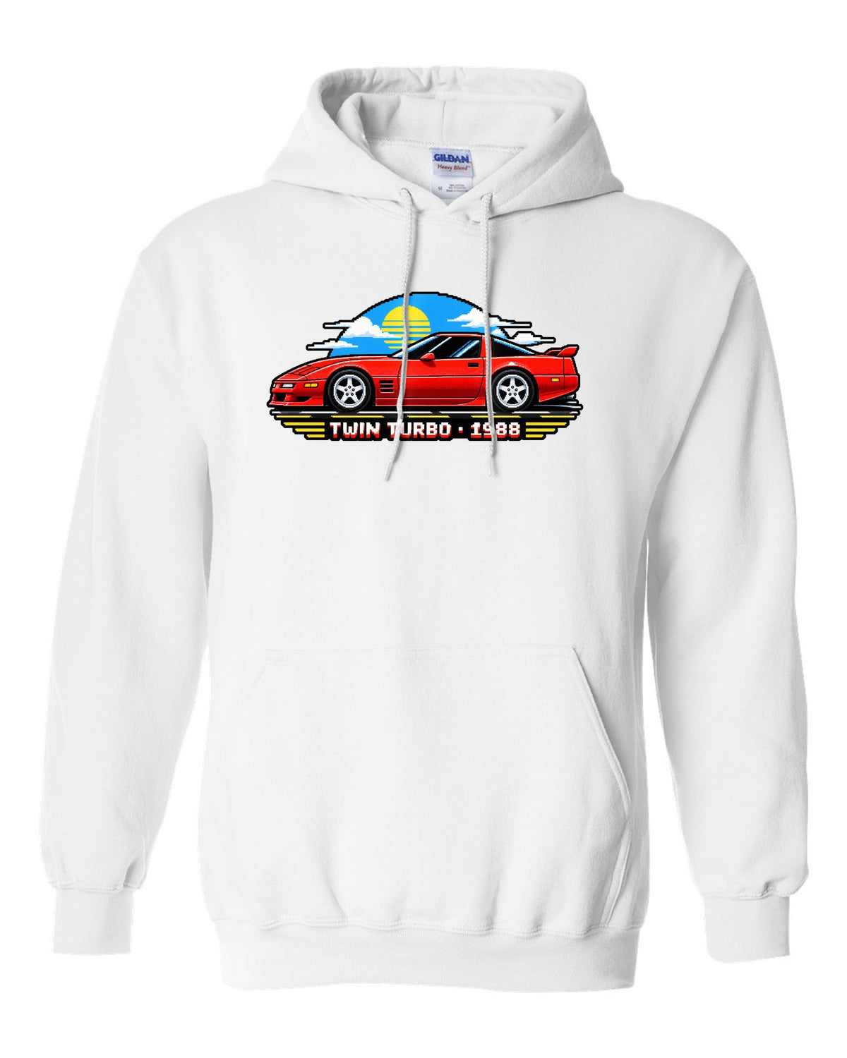 16-bit pixel art of a 1988 C4-based twin-turbo Corvette with pop-up headlights white pull over hoodie front view with the design