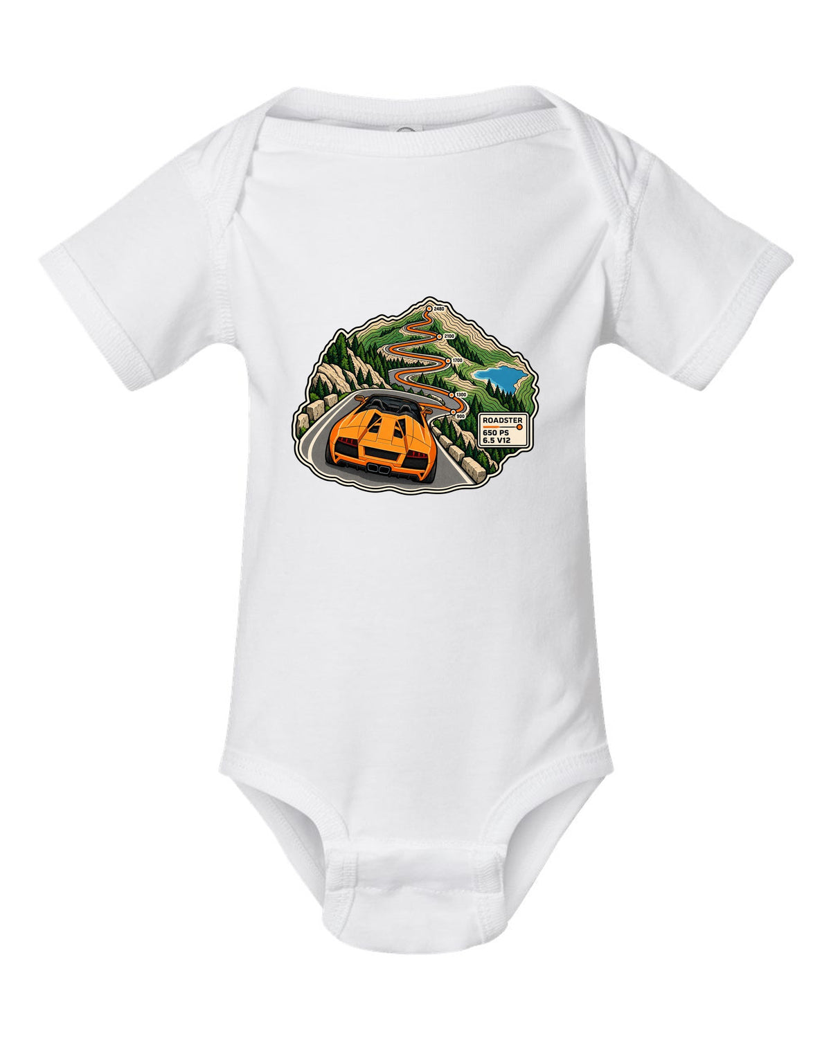 Topographic route map of a 2010 Lamborghini Murcielago LP650-4 Roadster with 650 PS and 6.5 V12 white baby onesie front view with the design