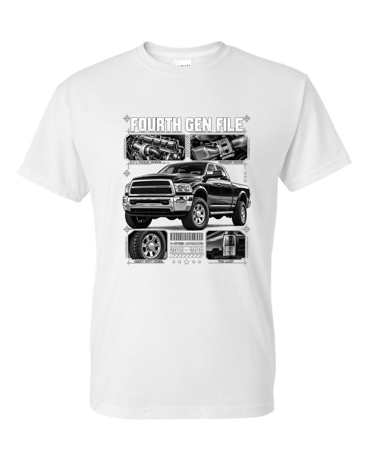 Blueprint dossier print of a 2010-2018 Ram 2500 fourth generation turbo diesel pickup white t-shirt front view with the design