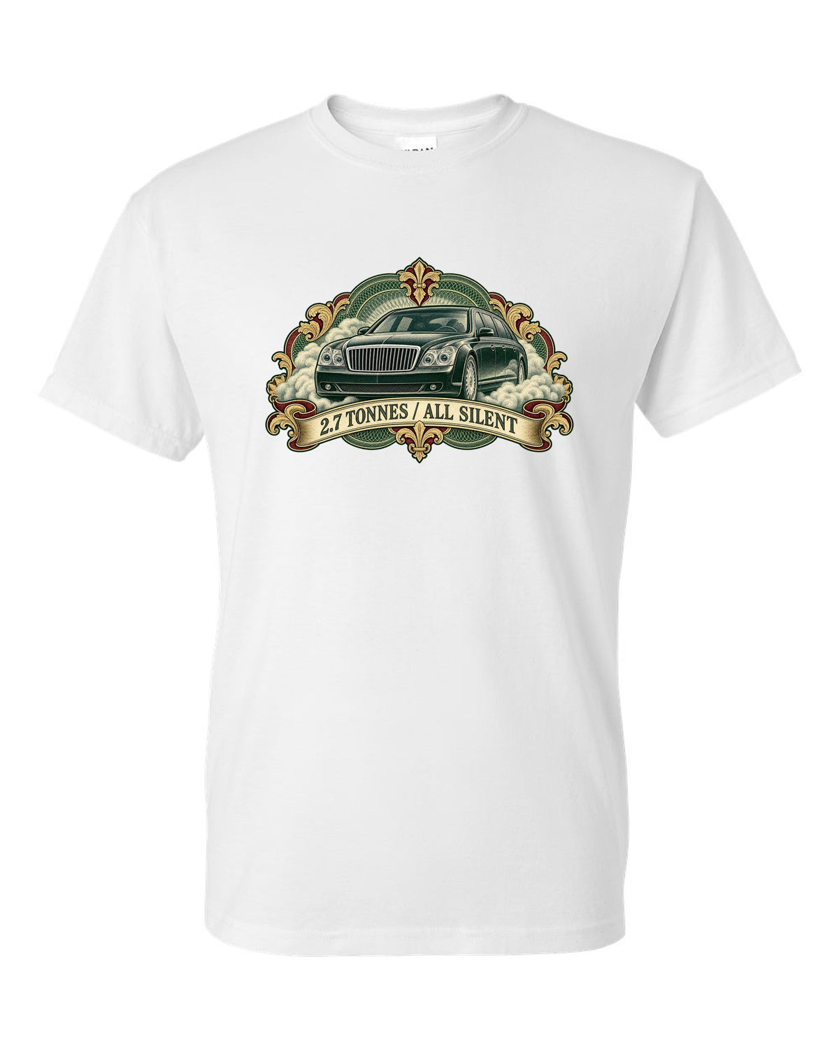 Engraved banknote style etching of a Maybach 57 W240 with 2.7 Tonnes All Silent text white t-shirt front view with the design