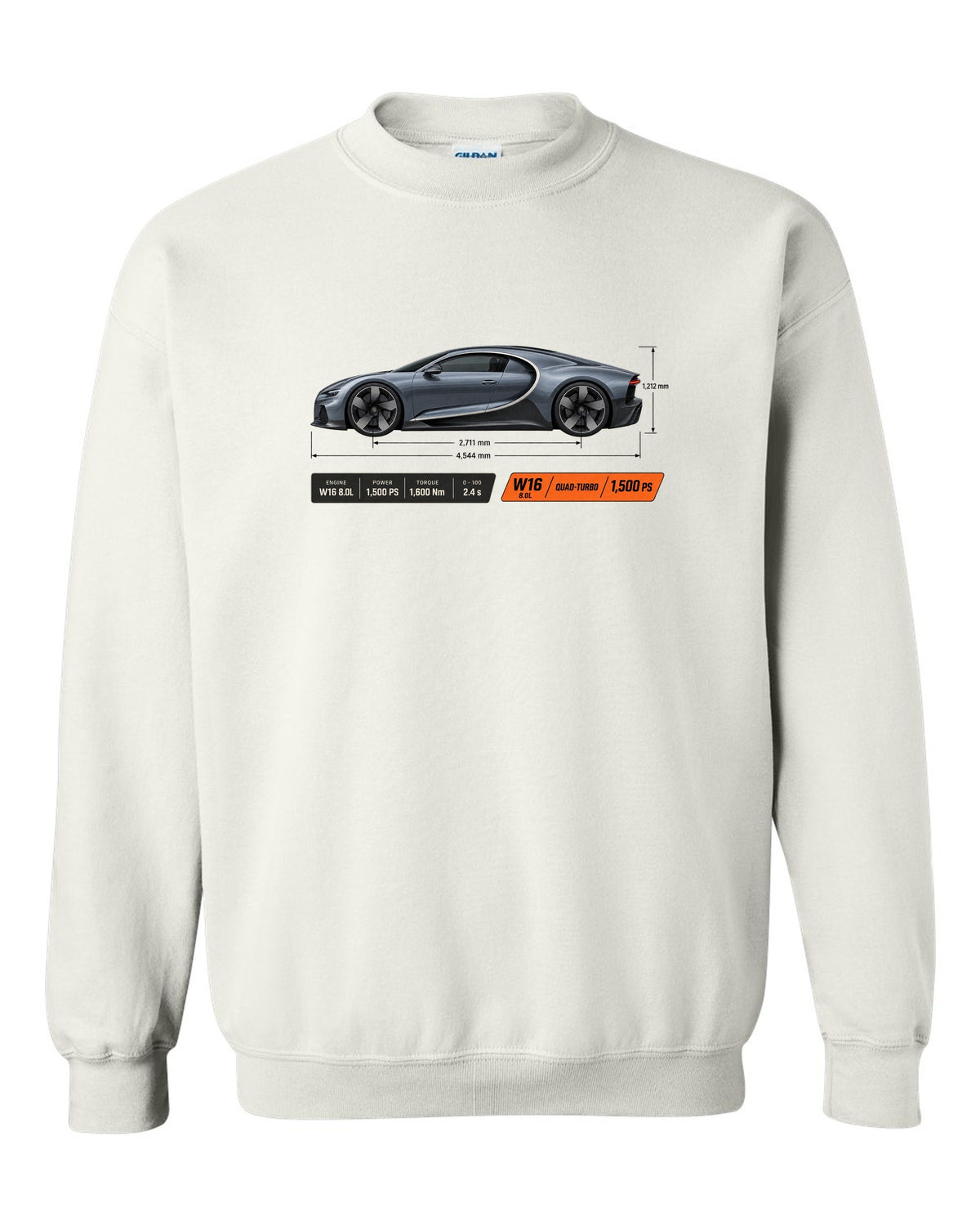 Bugatti Chiron W16 Dimension Blueprint white crewneck front view with the design