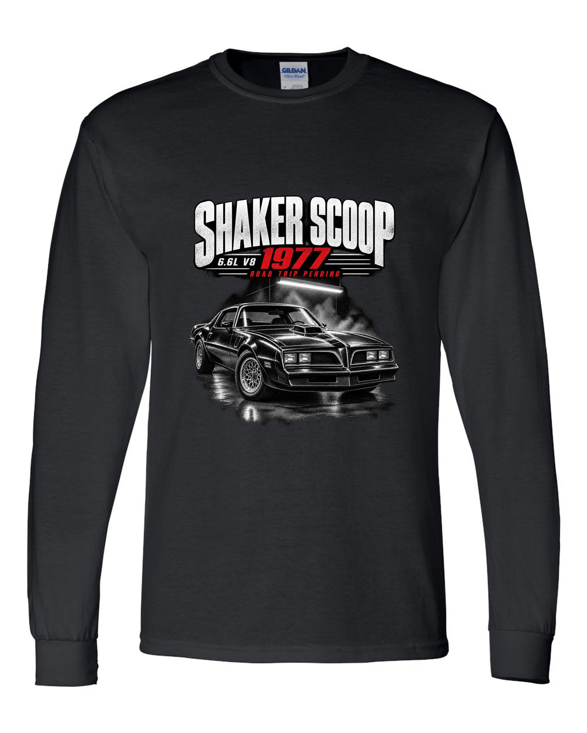 Garage night print of a 1977 Pontiac Firebird Trans Am with shaker scoop black long sleeve front view with the design