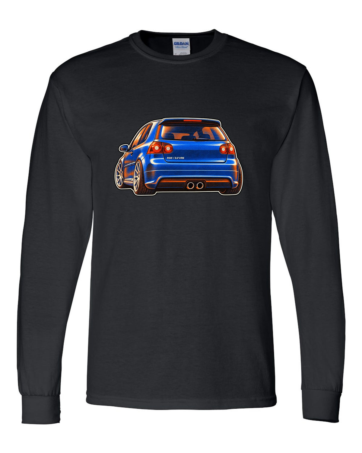 Risograph style print of a VW Golf R32 Mk5 with twin exhaust pipes and 3.2 VR6 text black long sleeve front view with the design